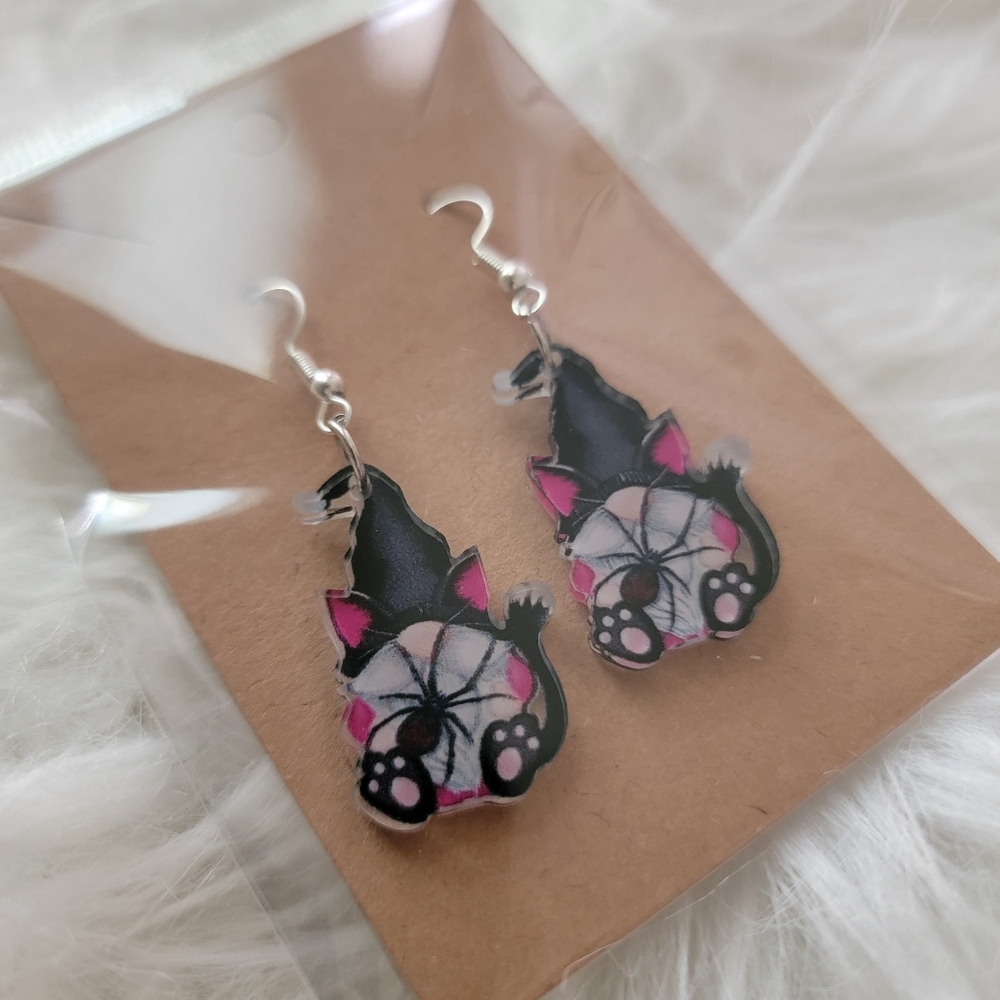 Black Cat Pink Gnome And Web Design Earring
